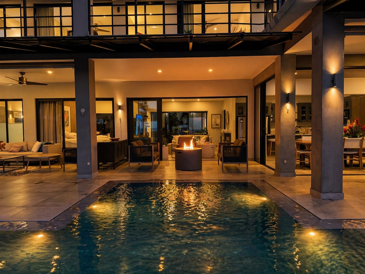 Costa Rica beachfront villa pool at night